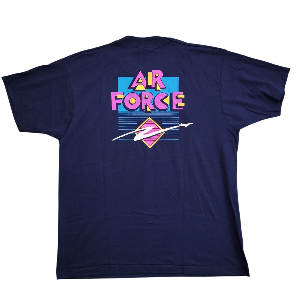 Screen Stars Shirt‎ Mens XL Air Force Vaporwave Neon Blue Vintage 80s Deadstock
